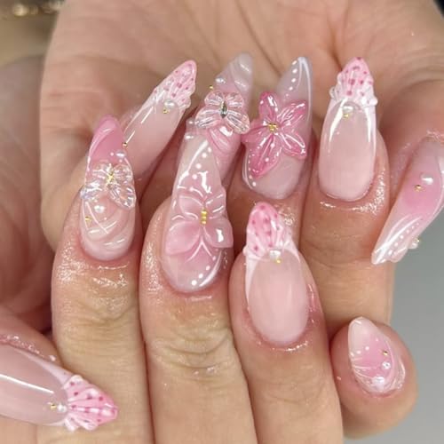 Pink French Almond Press on Nails 3D Butterfly Reusable Acrylic Nails