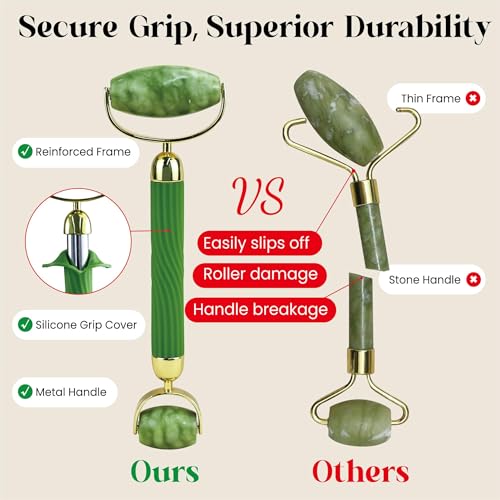 Rena Chris Jade Roller and Gua Sha Set for Face - Anti-Breakage Green Xiuyan Stone