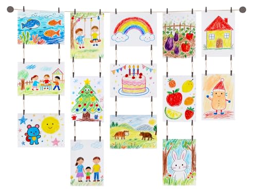 Mkono Kids Art Display Hanging Rope with 34 Clips, Dark Brown Boho Wall Decor