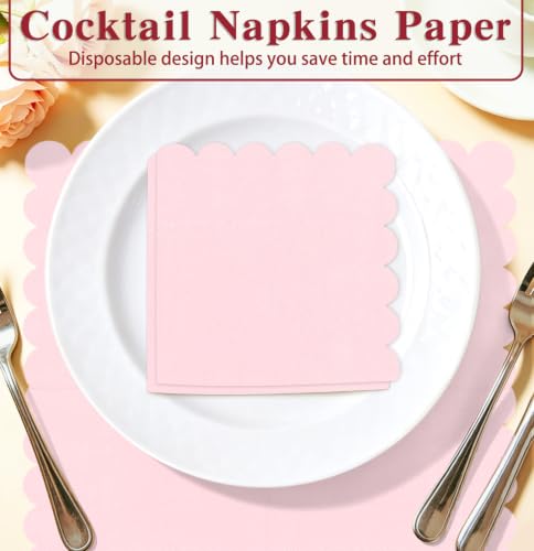 50-Pack 2-Ply Light Pink Scalloped Disposable Cocktail Napkins 5x5 Inch