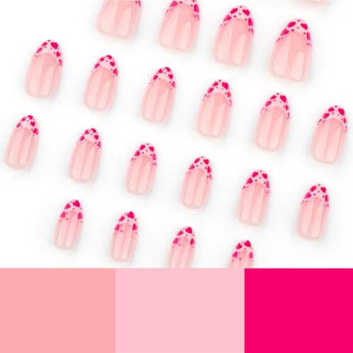 Valentine French Tip Press on Nails Short Almond Pink Heart Acrylic Kit