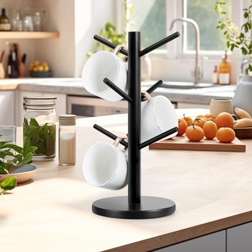 Wood Mug Holder Tree with 6 Hooks - Stable Countertop Organizer