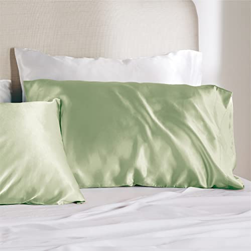 Bedsure Sage Green Satin Pillowcase Set with Zipper - Standard Size (20" x 26")