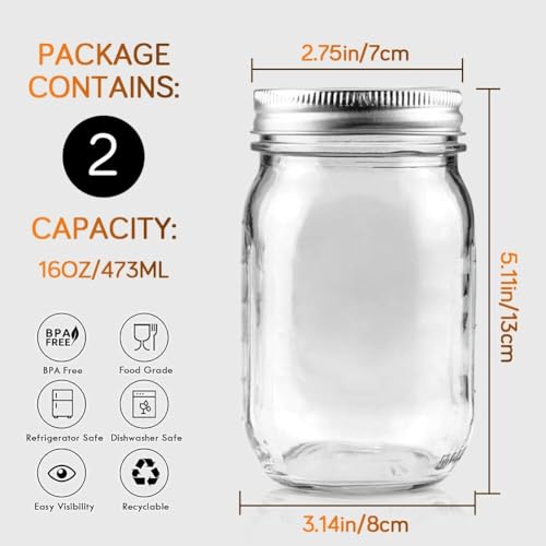 16oz Glass Mason Jars - 2 Pack with Airtight Lids for Food Storage