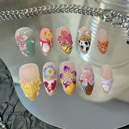 3D Flower Press On Nails Medium Almond French Tip False Nails Set