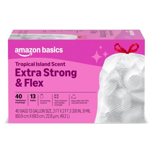 Amazon Basics 13-Gallon Tall Kitchen Trash Bags, Tropical Scent, 40 Count
