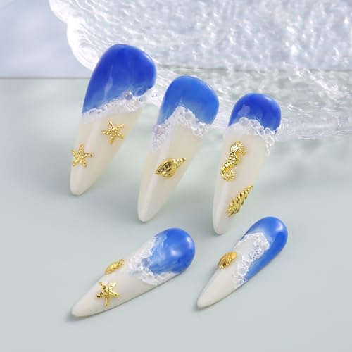 3D Gold Beach Nail Charms - Alloy Starfish & Seashell Ocean Art
