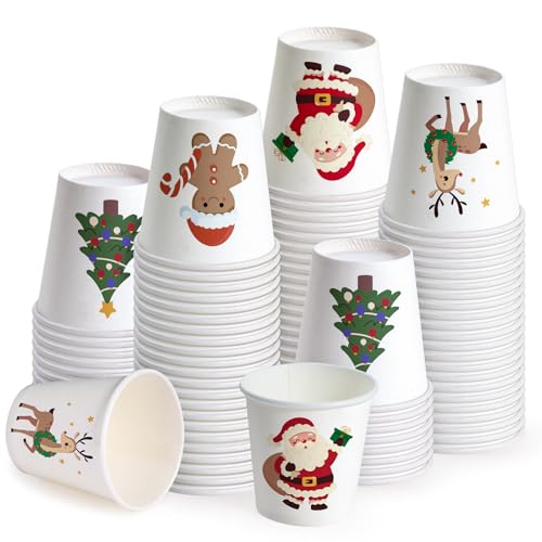 Brown Christmas Disposable Paper Cups 3oz - Santa Deer Design, 100 Pack