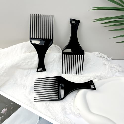 Zoolinn 3-Pack Black Plastic Afro Pick Lift Combs for Detangling Hair, Wigs & Braids