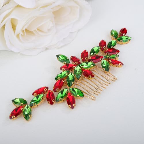 Teyglen Gold Crystal Wedding Hair Comb Red and Green Rhinestone Headpiece