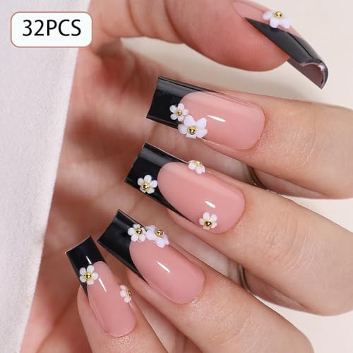 Black French Tip Press On Nails Long Square Fake Nails Kit with Flowers