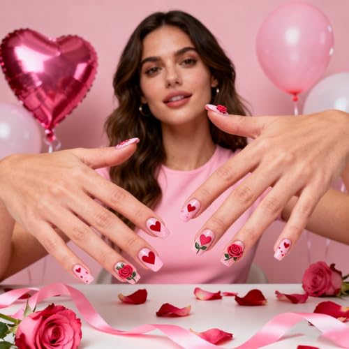 Valentine Press On Nails Medium Almond False Nails with Heart Bow