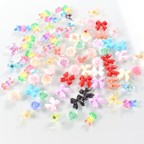 80Pcs 3D Resin Nail Charms Camellia Flowers Bows Rabbits & Butterflies