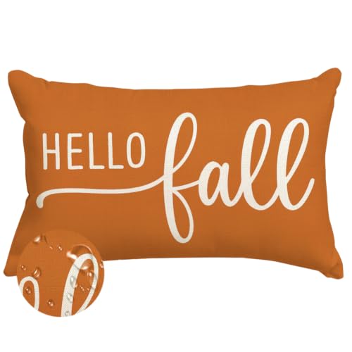 Hello Fall Rust Pillow Cover 12x20 - Waterproof Autumn Decor
