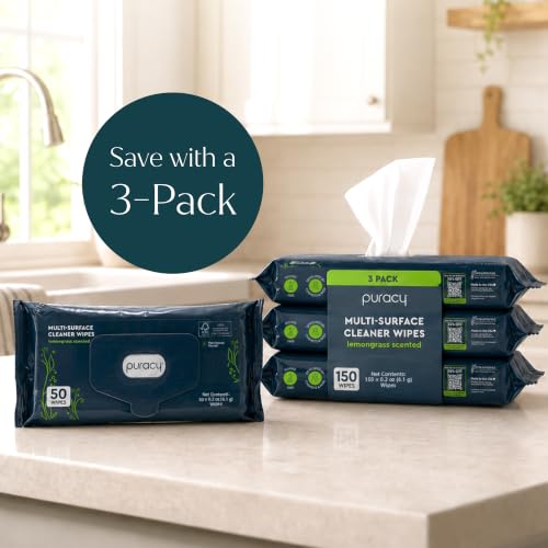 Puracy Lemongrass All Purpose Cleaning Wipes 50 Count – Multi-Surface Non Toxic Sanitizer
