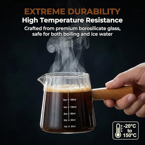 Transparent 6oz Espresso Shot Glass with Wood Handle & Measuring Scale