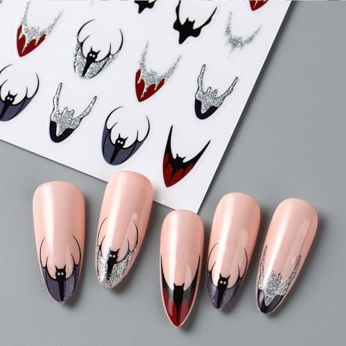 WIWUFUE 3D Bat Halloween Nail Stickers Glitter Gothic Decals 5 Sheets