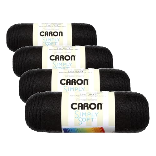 Caron Simply Soft Yarn - Black, 100% Acrylic, 6 oz Skeins (4 Pack)