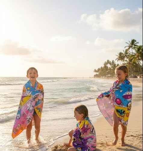 YIFONTIN Kids Beach Towel, Space Travel Print, 100% Cotton Velour, 51"x25.5"