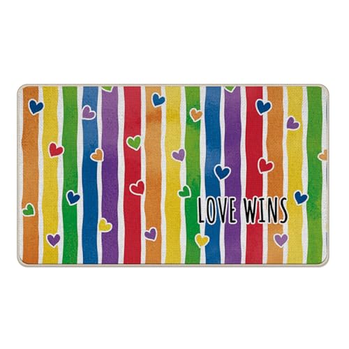 Pride Love Wins Rainbow Striped Hearts Door Mat - 17x29 Inches