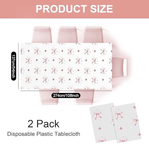 YTHETM 2-Pack Pink Bow Tablecloths - 54 x 108 Inches for Parties