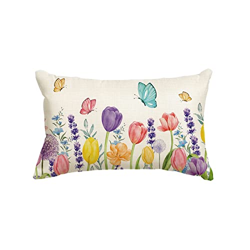 Spring Flowers Tulip Eucalyptus Butterfly Throw Pillow Cover - 12x20