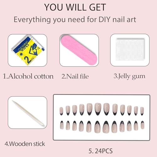 Black French Tip Almond Press On Nails with Pearl Design 24 Pcs