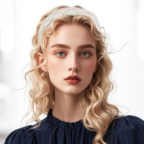 Green Pearl and Rhinestone Padded Headband for Women Bridal Hair
