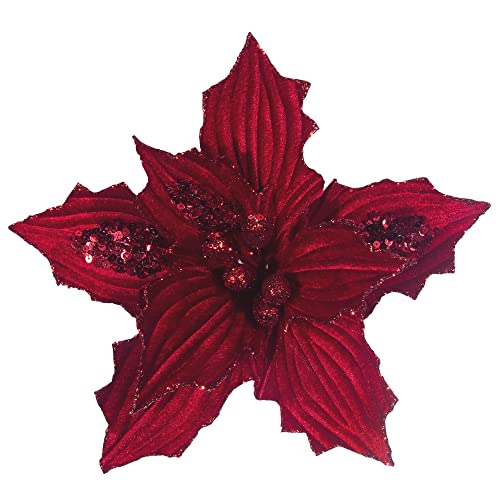 Red Velvet Christmas Poinsettia Flower Picks - 6pcs 10-Inch Holiday Decor