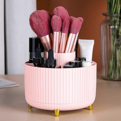 Will Oak Pink Large Makeup Brush Organizer with Compartments, Vanity Storage