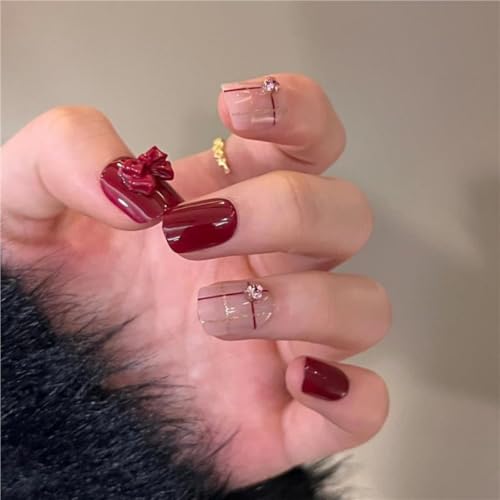 Square Short Red Press On Nails with Rhinestones and Bows 24pcs