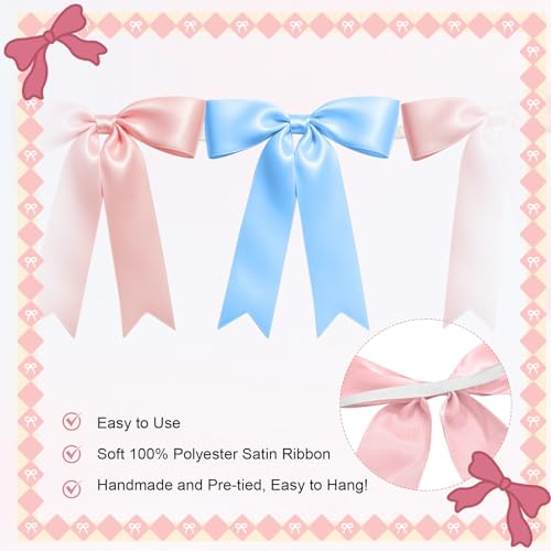 Baby Pink & Blue Bow Garland Banner - 16PCS Pre-Strung Decor