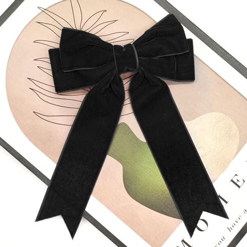 Quacc Large Velvet Bow Hair Clip with Satin Ribbon - Black Hair Accessory