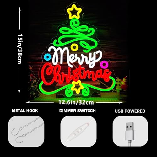 Merry Christmas Neon Sign - Christmas Tree Dimmable Wall Decor for Holiday & Family