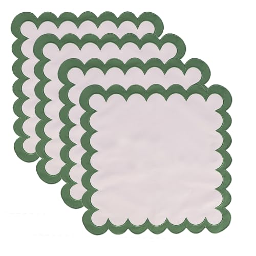 Beige with Green Trim Embroidered Cloth Napkins Set of 4 18x18 Inches