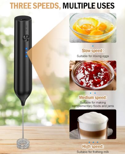 Rechargeable Handheld Milk Frother with 3 Speeds & 2 Heads