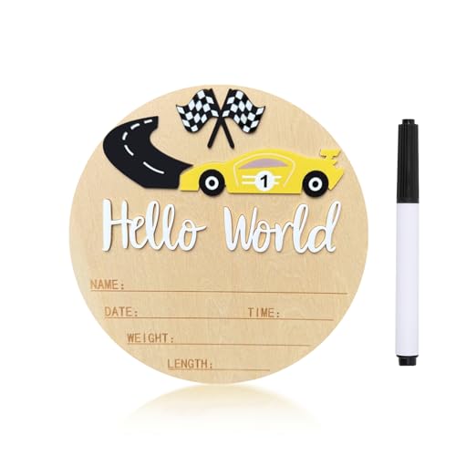Ziyutam Wooden Race Car Baby Announcement Sign for Hospital Photo Prop
