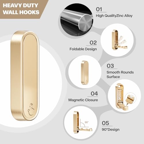 Ruiziiz Foldable Wall Hooks - Heavy Duty Zinc Alloy Gold Coat Hooks (2 Pack)