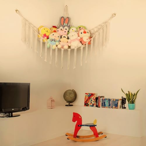 Large Cotton Stuffed Animal Hammock for Corner Storage - Boho Kids Organizer