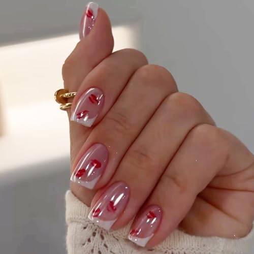 Valentine Press on Nails Short Square Chrome False Nails with Red Lip Design