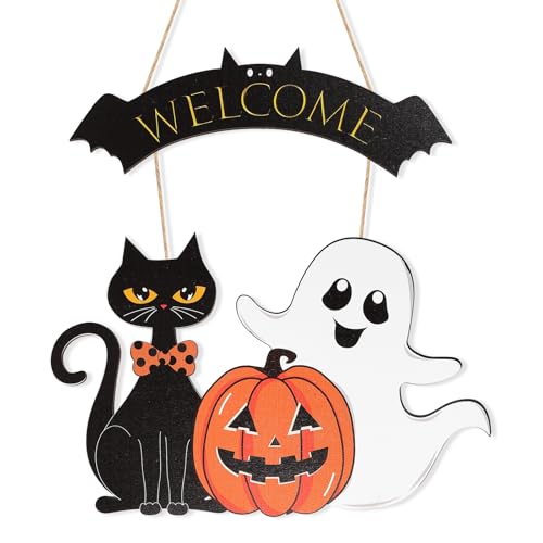 Large Wooden Halloween Wreath with Cat and Pumpkin for Front Door