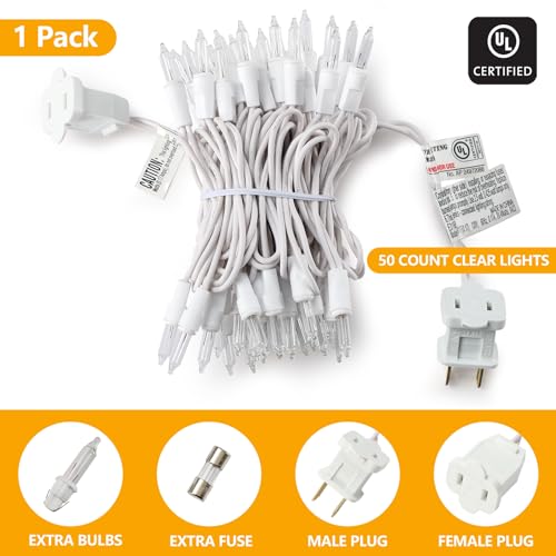 Warm White Christmas Lights Set - 50 Mini Incandescent String Lights, 13ft, Indoor Outdoor, White Wire, UL Certified - Variation: ClearWhite / 50 Count