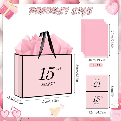 15th Birthday Gift Bag for Girls, Large Pink & Black Est. 2011 Present Bag with Card and Tissue Paper