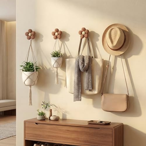 Novabright Khaki Wooden Flower Wall Hooks Set of 4 with Screws - Decorative Coat & Towel Hangers