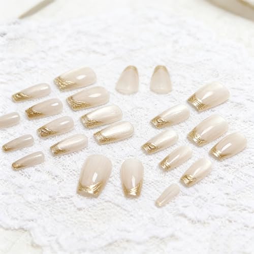 Nude and Gold French Tip Press On Nails Medium Square False Nails Kit