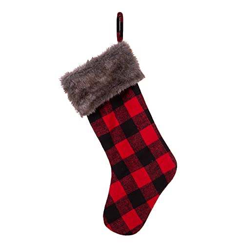 Fabric Holiday Stocking with Faux Fur Cuff - 21 Inches Red and Black Plaid