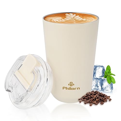 Philorn 12oz White Travel Coffee Mug - Insulated Leakproof Stainless Steel Cup