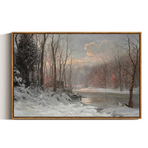 Vintage Canvas Wall Art - Snow Stream River Farmhouse Landscape, 30 x 20 Inches - Winter Scene