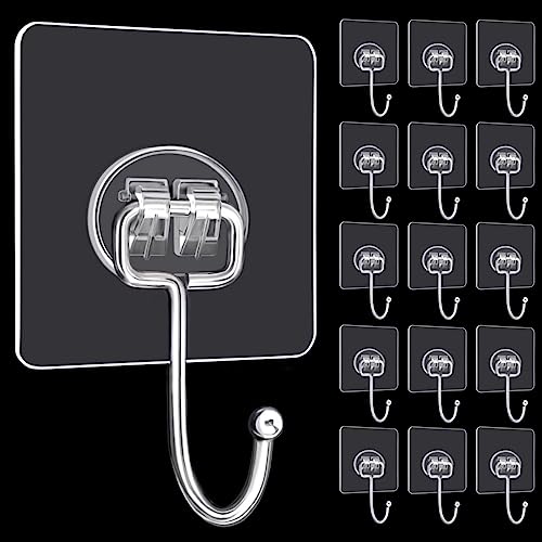 16 Pack Heavy Duty Adhesive Hooks - 33lb Waterproof Clear Wall Hooks