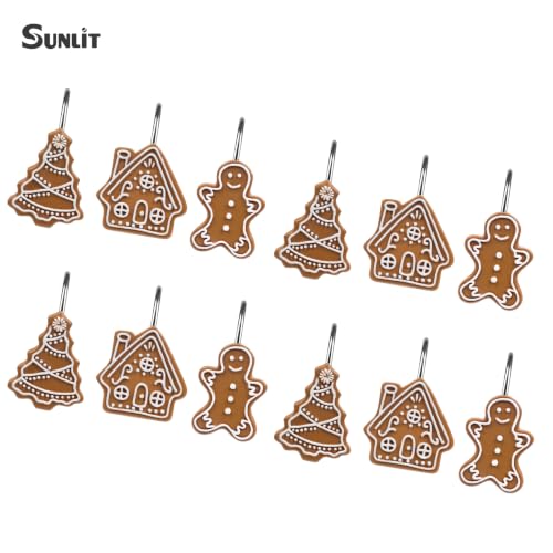 Sunlit Christmas Gingerbread Shower Curtain Hooks Set of 12 - Gingerbread Man, House & Tree Variations